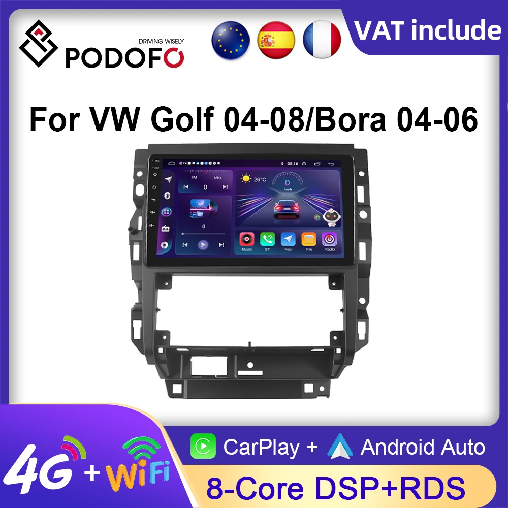 Podofo Car Stereo Radio Carplay Android auto For Volkswagen Golf 04-08/Bora 04-06 AI Voice WIFI GPS Car Multimedia Video Player