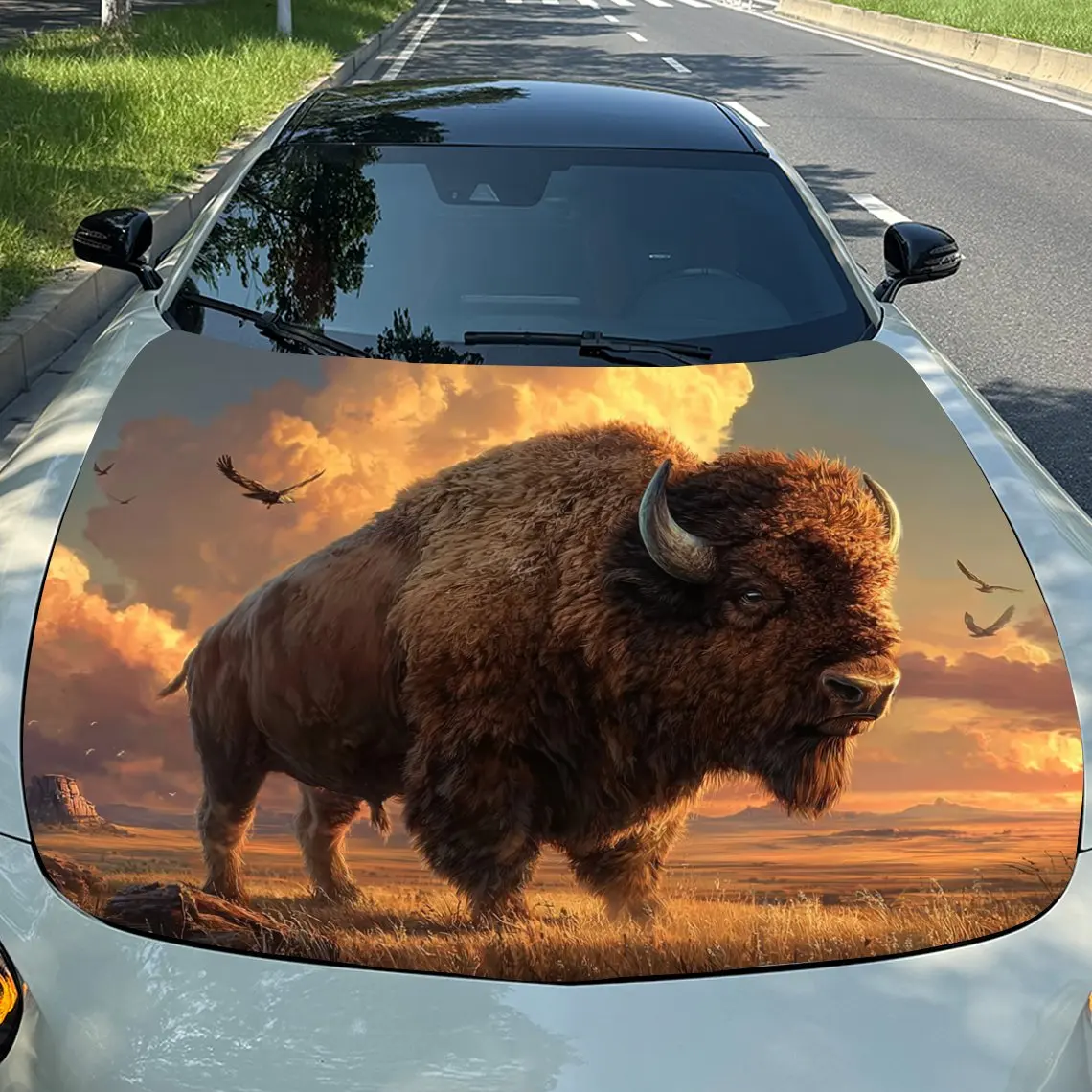 [Durable Construction] Buffalo Pattern Car Hood Stickers-Scratch Resistant, Weather Resistant PVC Material, Easy To Stick, Addin