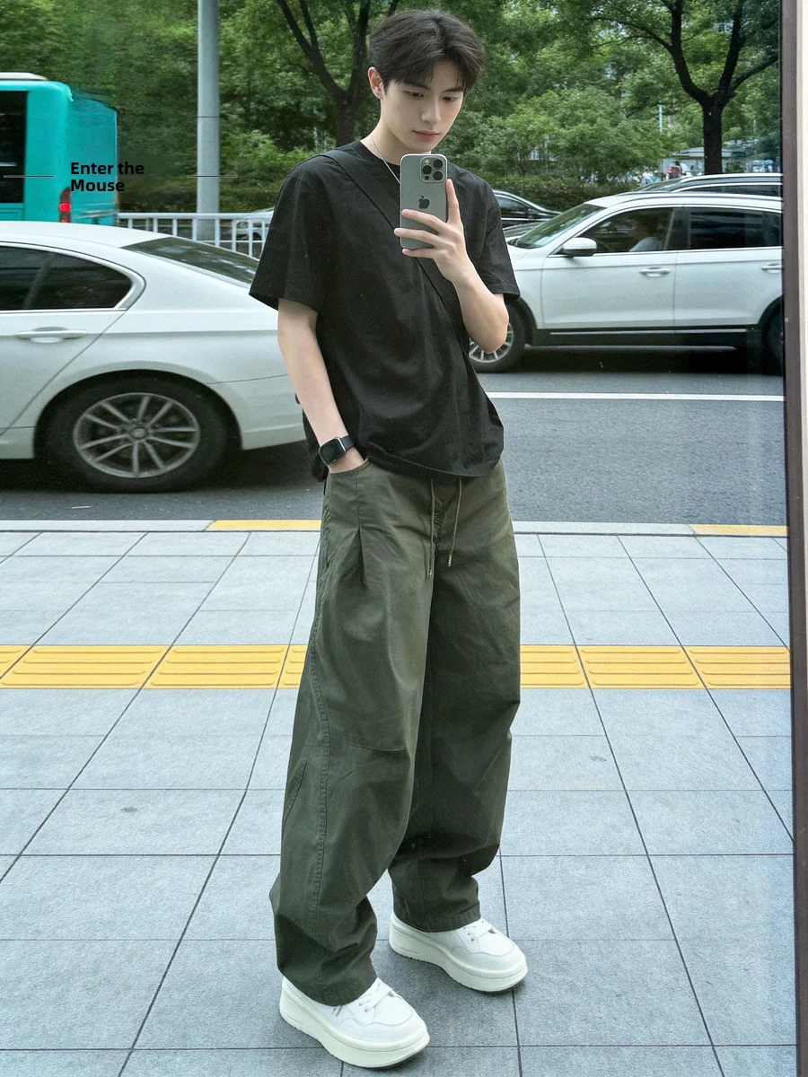 

American Style Men's Vintage Washed Wide Leg Straight Cut Pants Casual Cotton Trousers Spring Summer Fashion Workwear