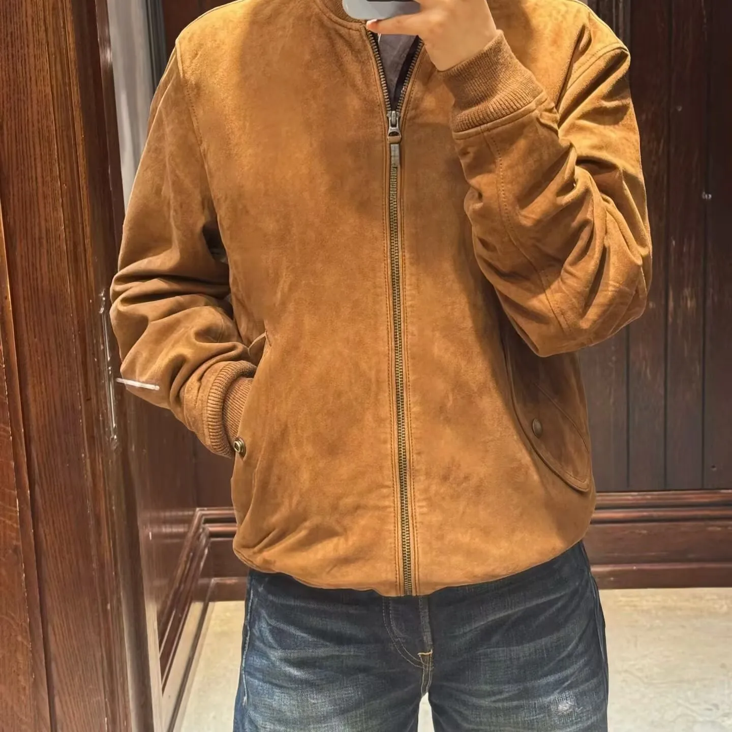 

Классический американский консервативный замшевый кожаный джет на молнии, хлопковый жилет, пальто для пар, простой дизайн, длинный воротник-стойка свека