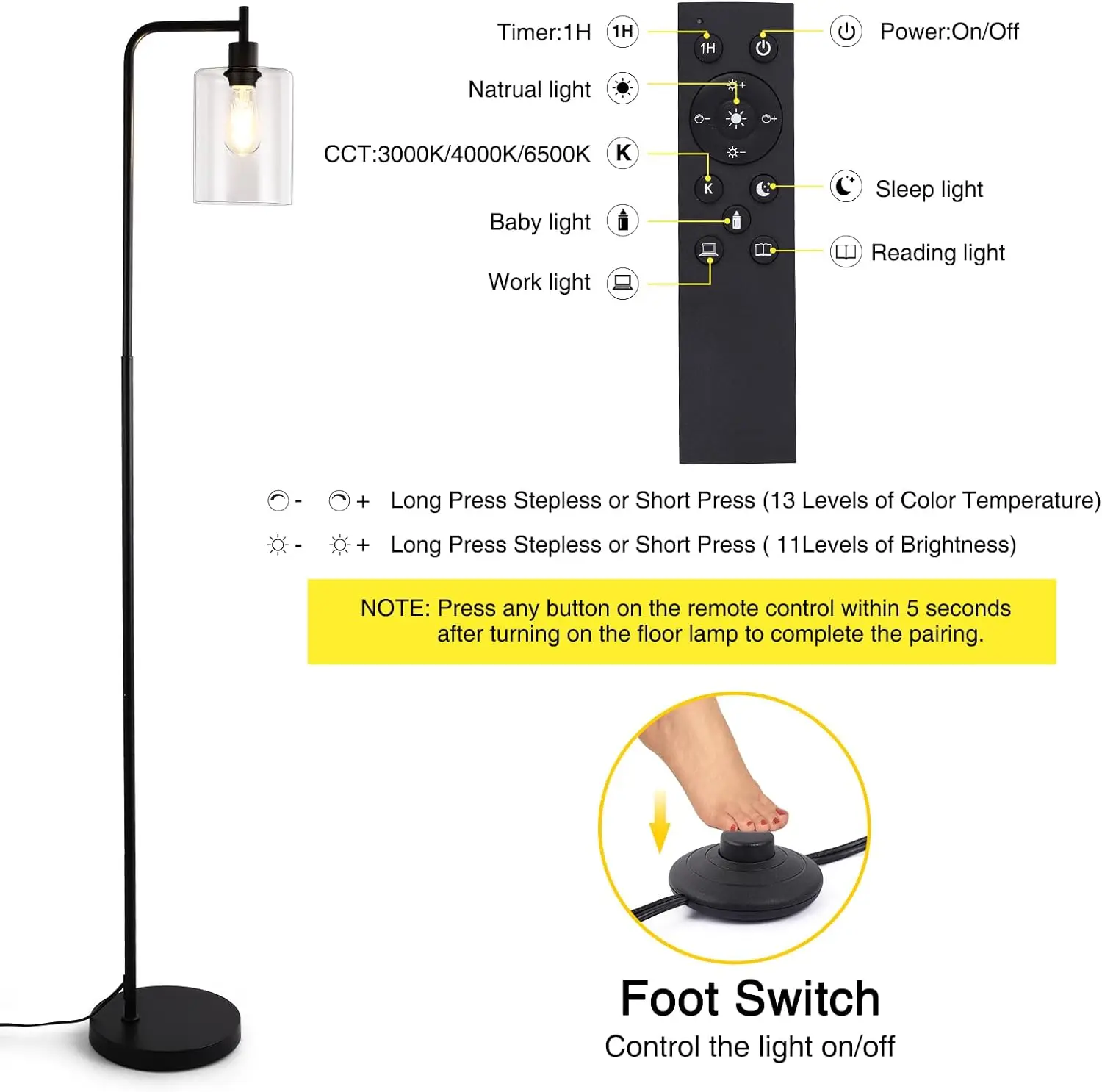 Industrial Floor Lamp Dimmable Modern Floor Lamp With Transparent Glass Shade ,Remote Control And Foot Switch, 6w Spotlight