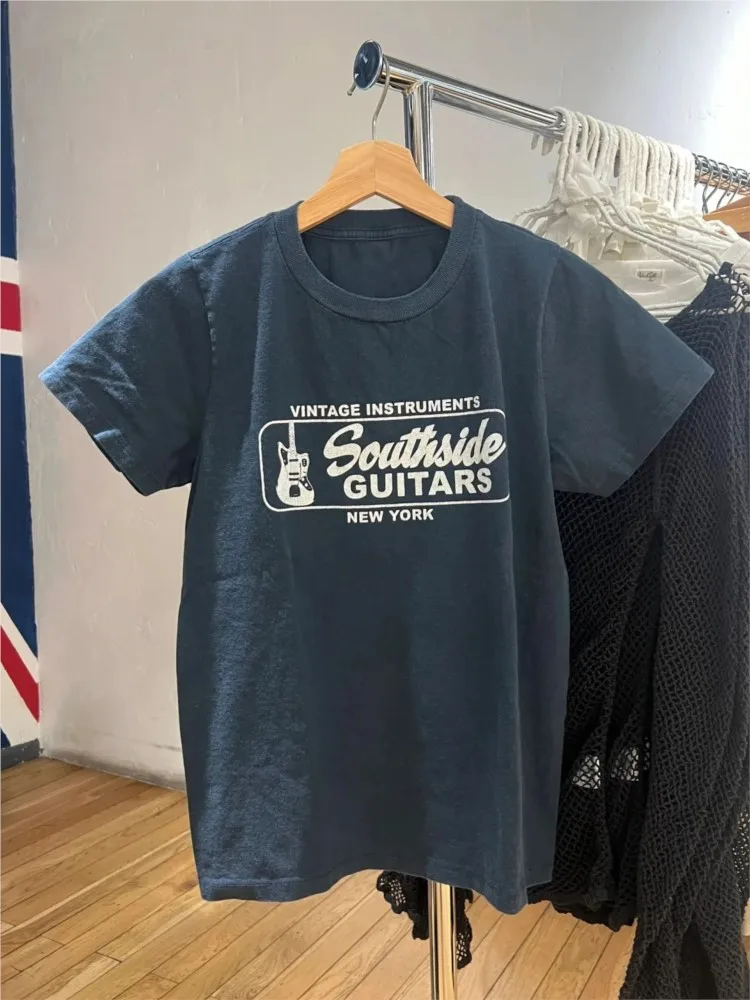 

Letter Graphic Print Cotton T-shirts Women Summer O-neck Black Casual Simple Short Sleeve Tees Street Vintage Y2K Tops