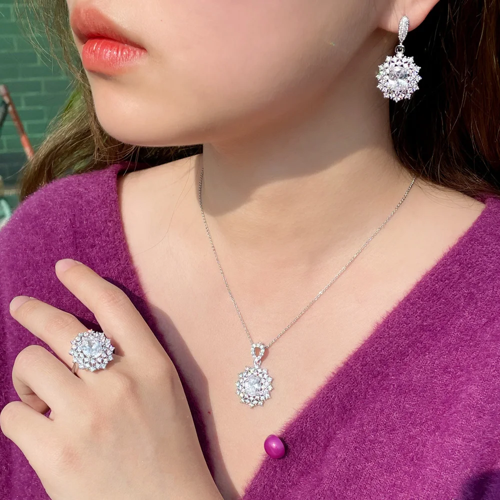 CWWZircons 3 pcs Gorgeous Rose Red Cubic Zirconia Crystal Silver Plated Flower Drop Earring Necklace Jewelry Sets for Women T618 image 3
