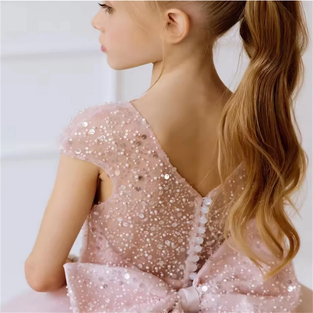 Vestido Personalizado para Dama de Honra Rosa com Lantejoulas, Laço e Cauda, Sem Mangas, para Casamento, Baile de Formatura, Festa de Aniversário, Banquete, Vestidos de Princesa