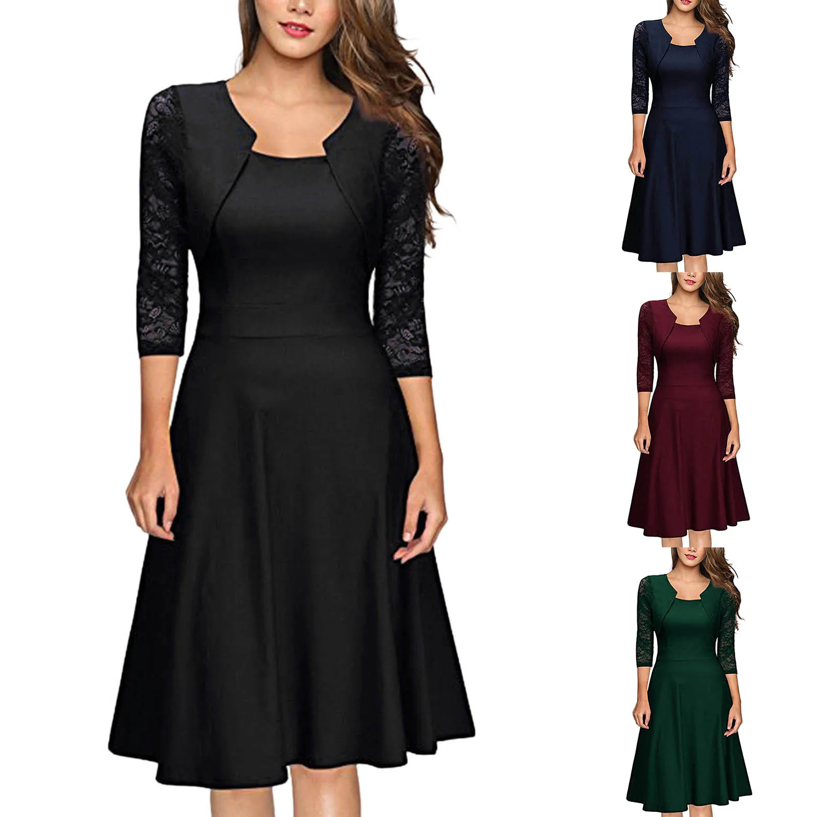 Women Lace Patchwork Formal Dress Autumn Winter Red Square Collar 3/4 Sleeve Party A Line Vestidos Elegant Lady Evening Dress