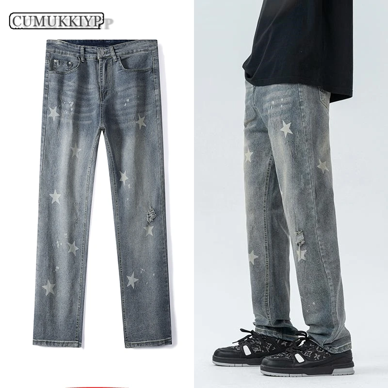 

CUMUKKIYP Mens Jeans Distressed Ripped Baggy Straight Streetwear Stretch Denim Pants Men with Wide Torn Tube Pentagram Printing