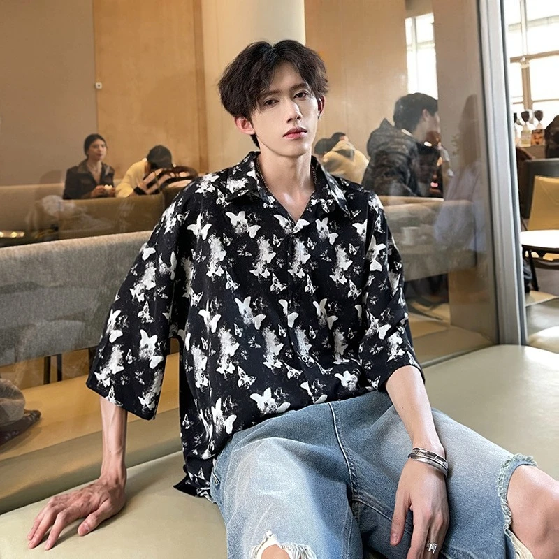 

Loose Fit Butterfly Print Casual Shirt for Men 2026 Summer Fashion Teenager Stylish Short Sleeve Top