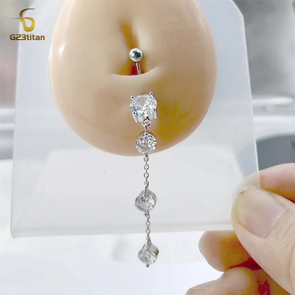 G23titan Zircon Long Chain Dangled Belly Button Rings Titanium Navel Piercing Nombril 14g Cuved Barbell Body Piercings Jewelry