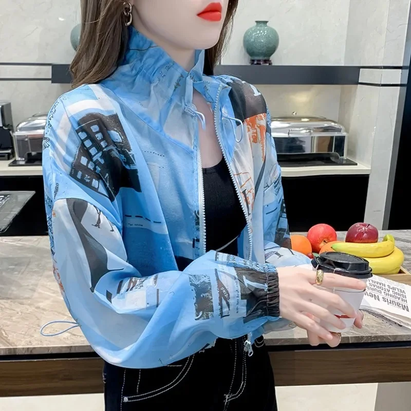 เสื้อแจ็คเก็ตสั้นผู้หญิง 2025 ฤดูร้อนใหม่พิมพ์เสื้อผ้าป้องกันแสงแดดผู้หญิงเสื้อบางแขนยาวBreathableครีมกันแดดแจ็คเก็ต