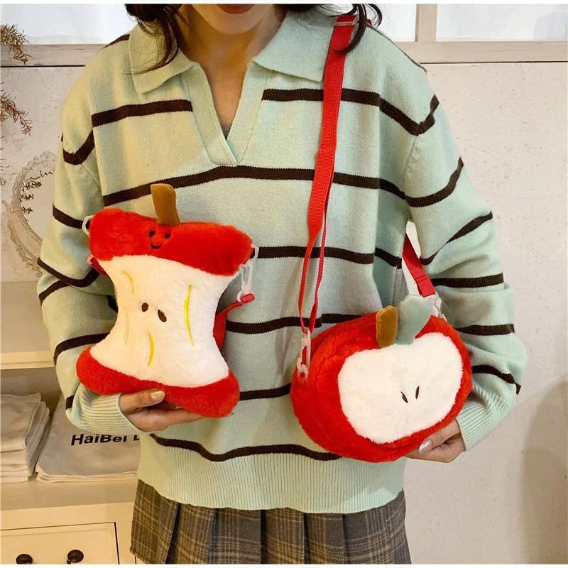 Rucksack und Umhängetasche, süße, niedliche, apfelförmige, leichte Kawaii-Handtasche aus Plüsch für Damen, Schultasche für Mädchen, Tagesrucksack – Detail 15