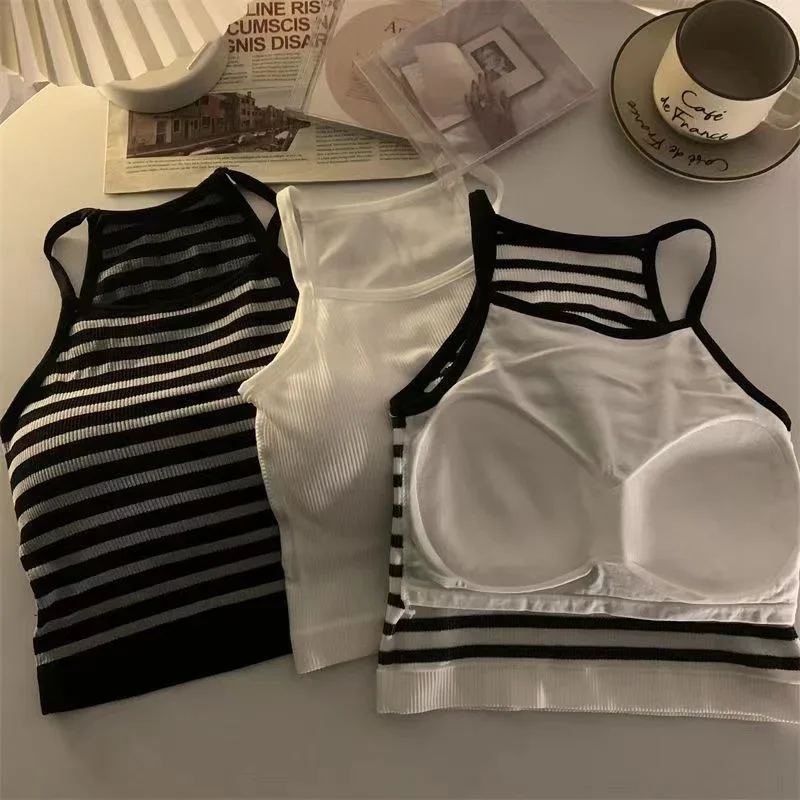 Korean version Women tank tops thread solid casual fashion crop top with chest pad stripe sleeveless outer wear basic camisole