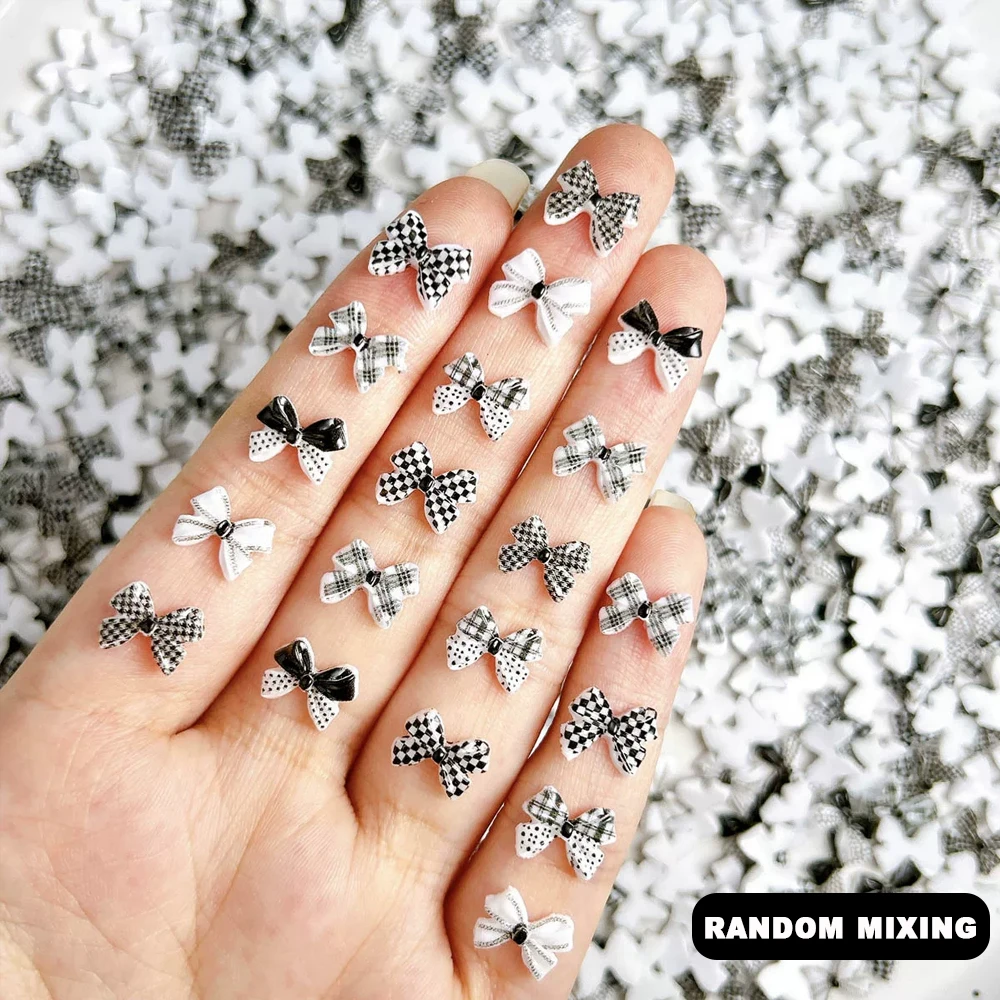 50Pcs Mixed Black White Plaid Bow Nail Charms Classic Checkered Ribbon Bows,Polka Dot Plaid Nail Decor Y2K Sweet Elegant Nails