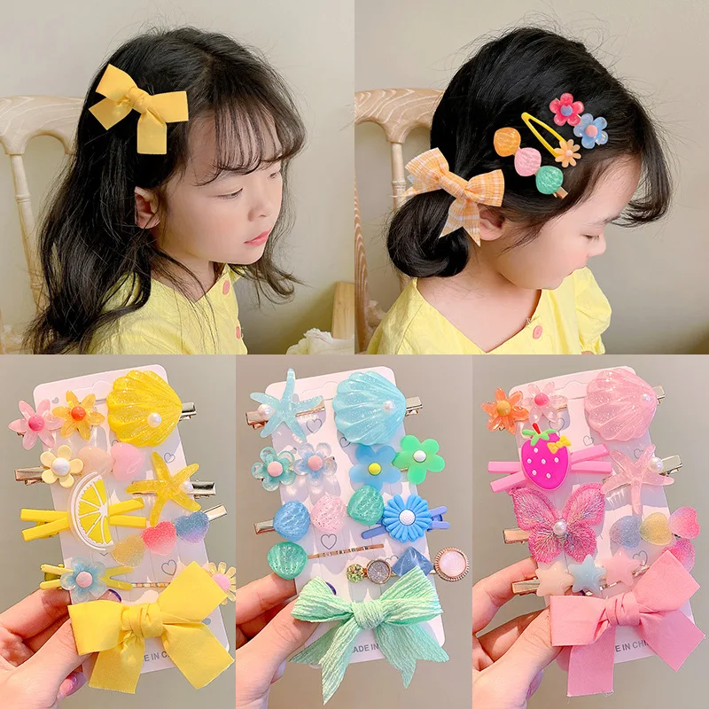 [9-Piece Set] Girls Baby Hairpin Set Cartoon Shell Bow Duckbill Clip Headdress Children Cute Side Clip Hair Accessories