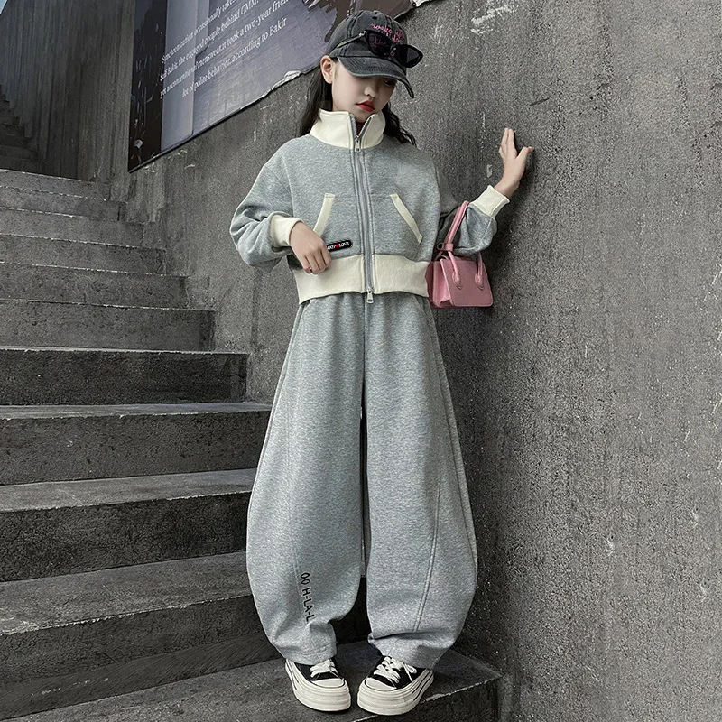 Spring Autumn New Sports Girls Clothing Set Patchwork Zipper Coat+Pants 2Pcs Suit For 5-14 Years Teen Kids Leisure Outfit