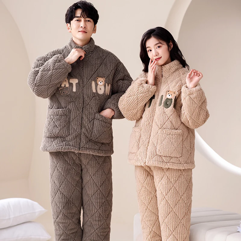 Winter Couple Cute Cartoon Pajamas Set Women and Men Warm Flannel Pijama Lovers 3 Layer Clip Cotton Pajamas Set