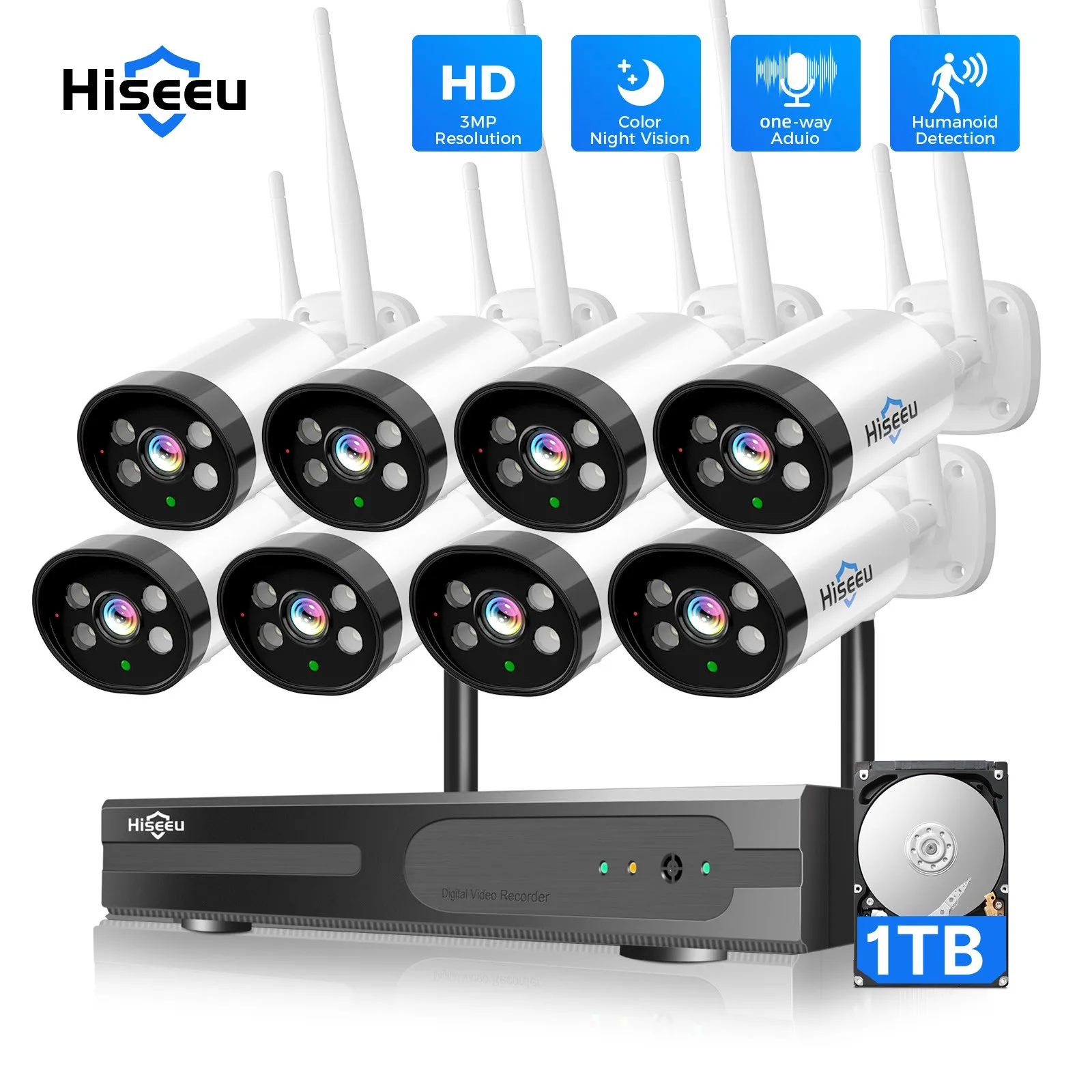 Hiseeu 3MP 무선 CCTV IP 카메라 시스템 – 사람 감지 기능, IR 야간 투시, 10CH NVR 야외 비디오 감시 키트 (H.265)