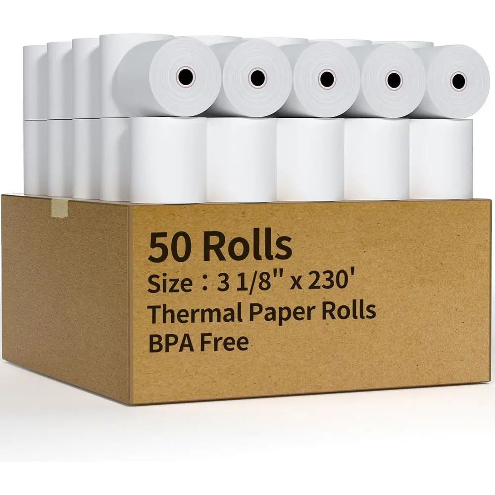 

50 Pack 3.125 x 230ft Thermal Receipt Paper Rolls for Cash Registers and Credit Card Machines