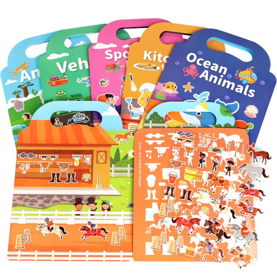 Nouveau livre d'autocollants réutilisables pour bébés sur l'éveil des animaux de dessin animé, favorisant le développement potentiel, pour l'éducation précoce des enfants