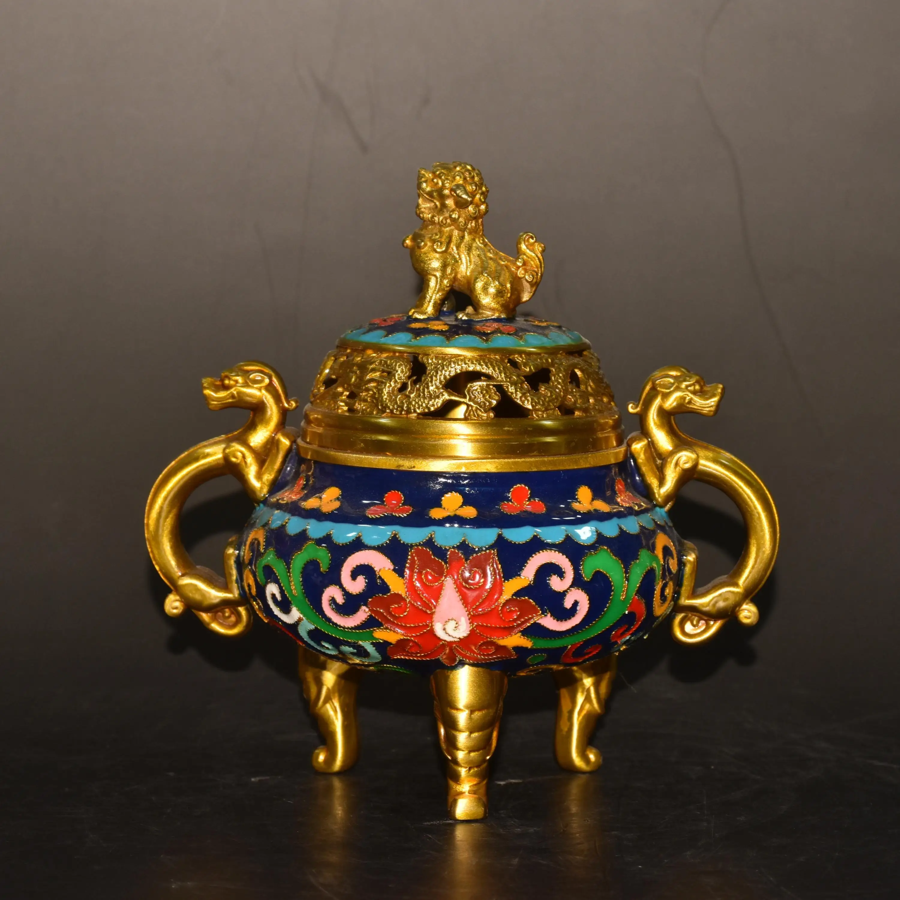 Copper-bodied cloisonné incense burner with dragon-shaped handles and lion-head cover, handcrafted with filigree