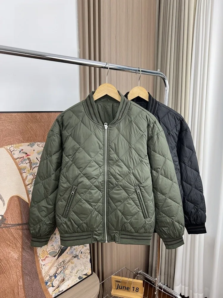 

American Retro 90 Duck down Baseball Collar Quilted Diamond Pattern Warm Men's Autumn Winter Puffer Jacket Outerwear