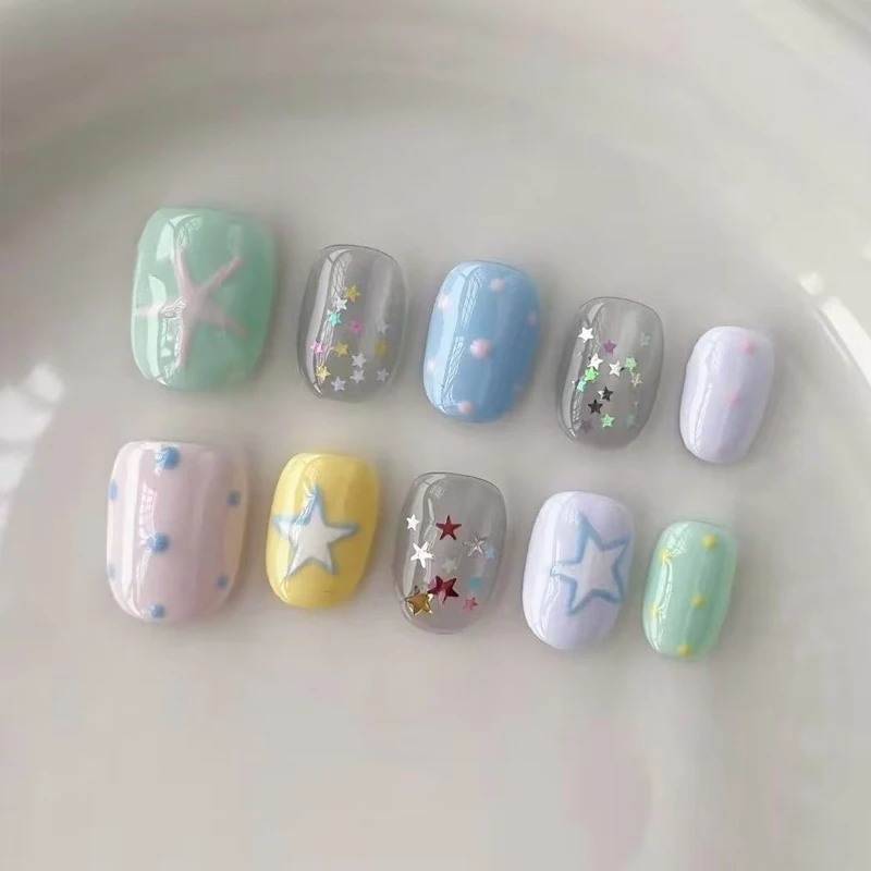 10 Stück Sommerliche bunte Dopamin-inspirierte kleine frische Press-on-Nägel für Damen und Mädchen, abnehmbare Nagel-Patches, gepunktete künstliche Nägel – Detail 7
