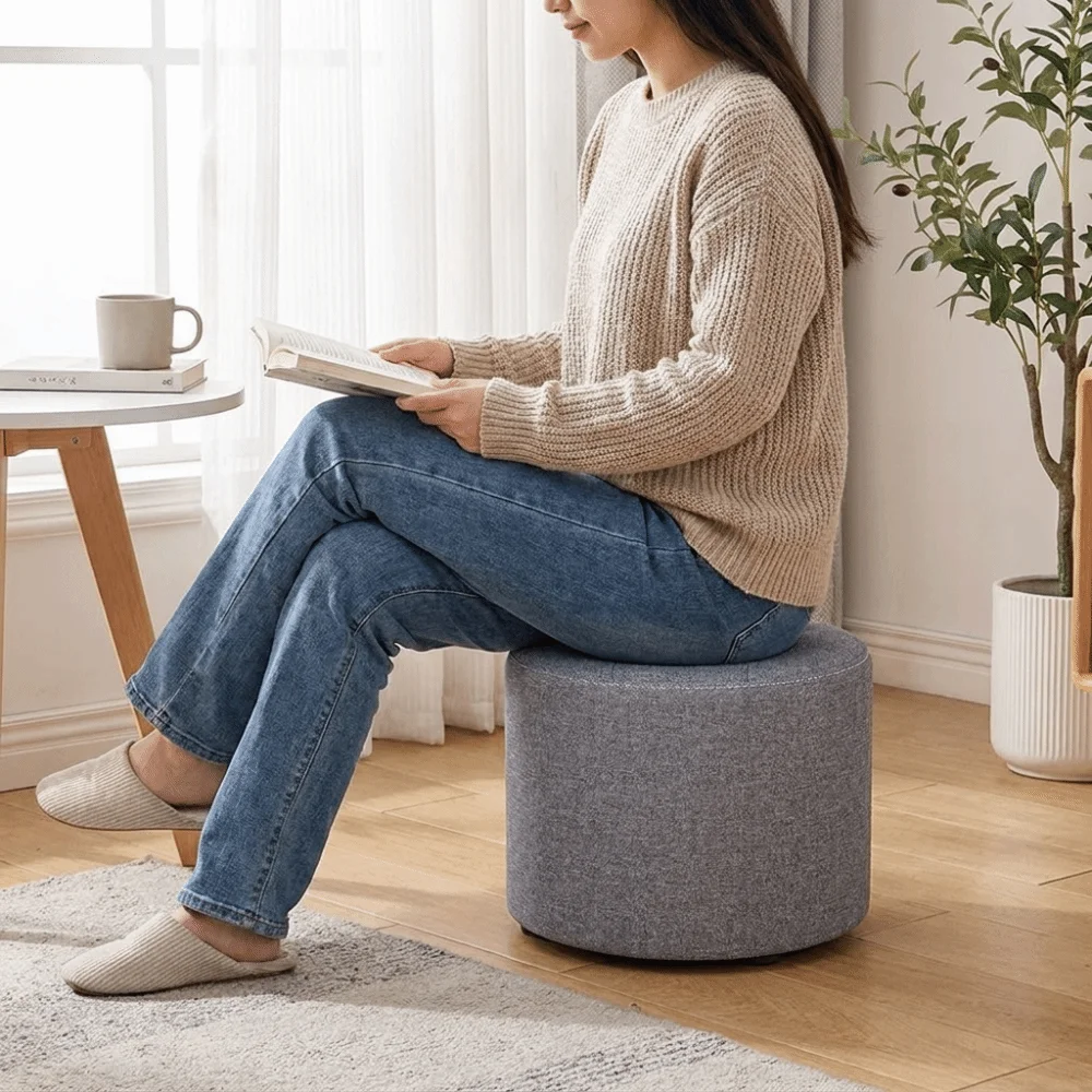 Minimalist Round Low Stool Soft Portable Sitting Pier Sturdy Breathable Textured Fabric Footrest Living Room