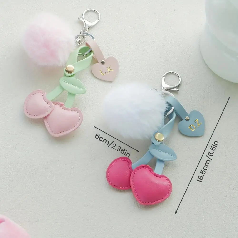 Custom Cherry Shape Bag Charm Personalized Initial Print Pu Leather Keychain with Pom-Pom Ball Cute Bag Pendant Valentine Gift