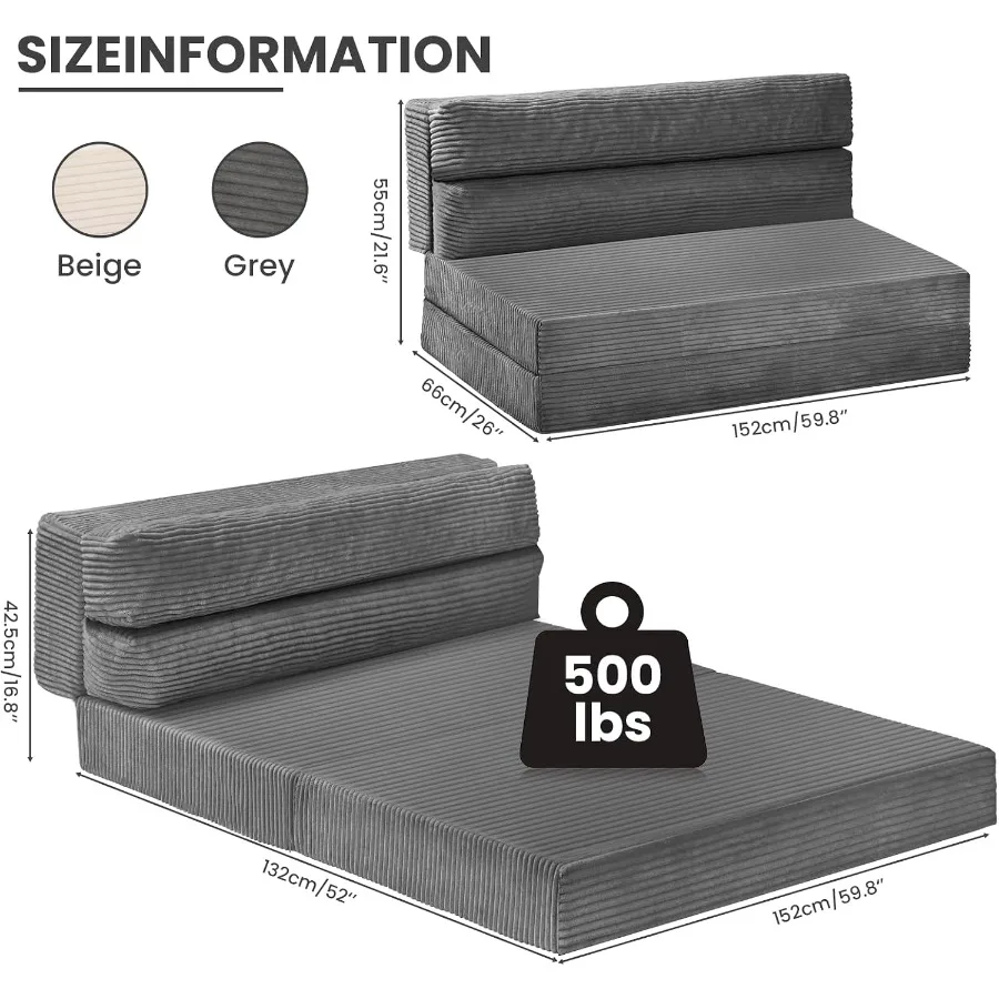 Folding Sofa Bed, Convertible Sleeper Chair with Pilow Foldable Matress, 2 in 1 Pull Out Loveseat Sofa Portable Fold Out Chair