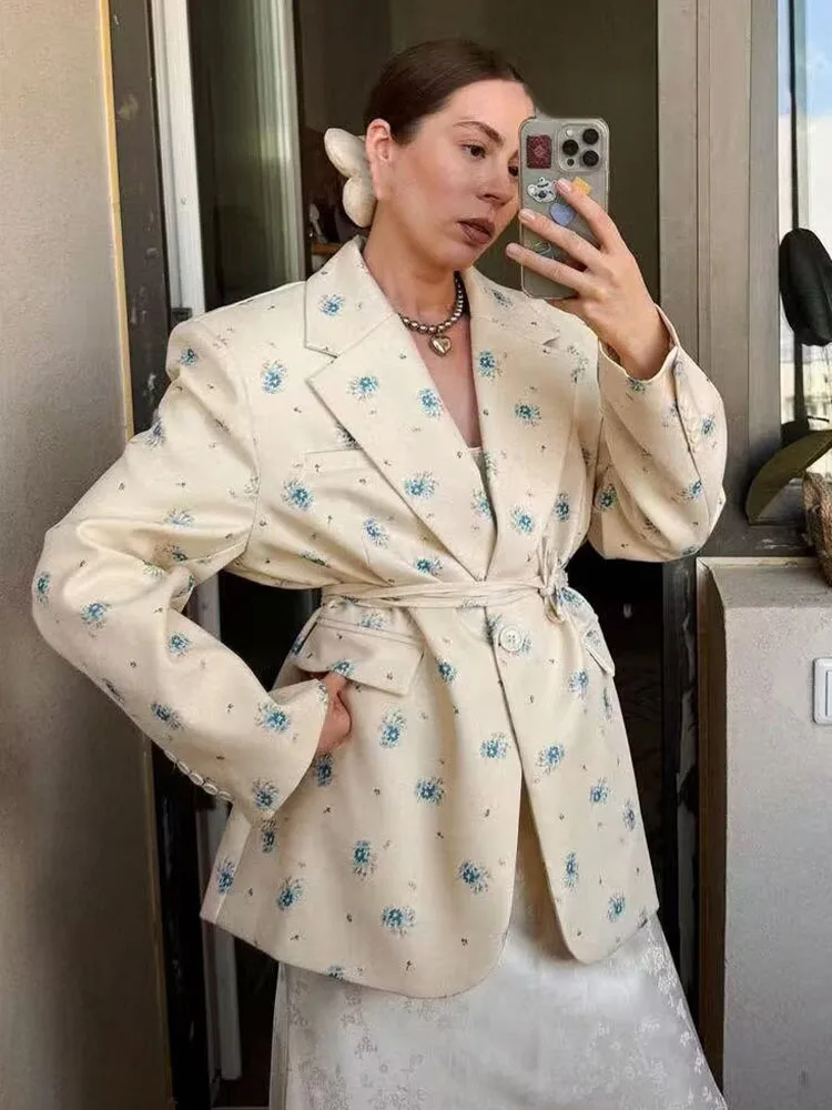 HH Women's Autumn Fashion Printed Lapel Tie Thin Belt Suit Jacket Female One Button Temperament Slim Long Sleeve Casual Coat