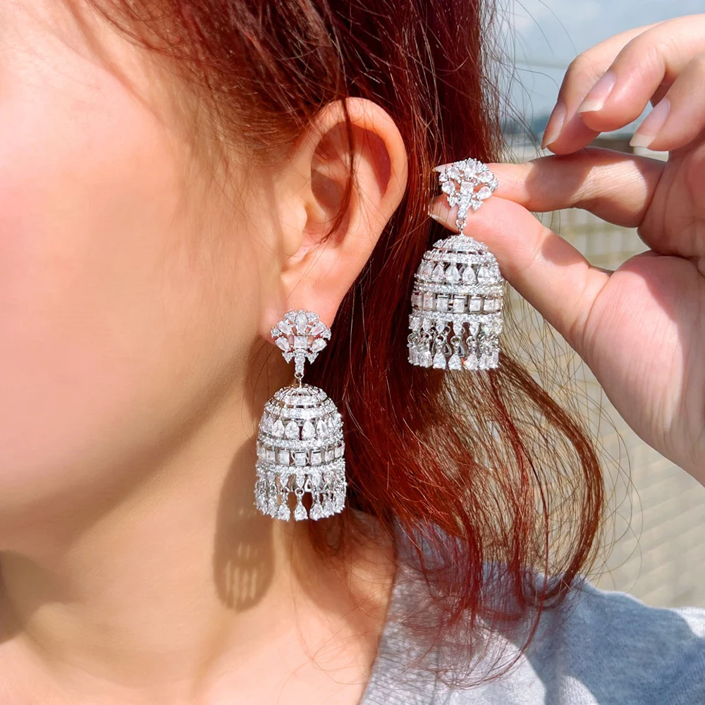 ThreeGraces Sparkling Cubic Zirconia Stone Silver Color Luxury Long Tassel Drop Earrings for Women Nigerian Party Jewelry E1075