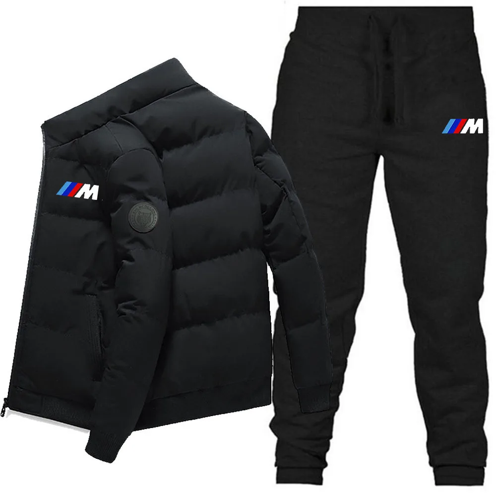 

Winter BMW new fashionable casual warm printed cotton jacket long pants set men's standing collar cotton jacket set
