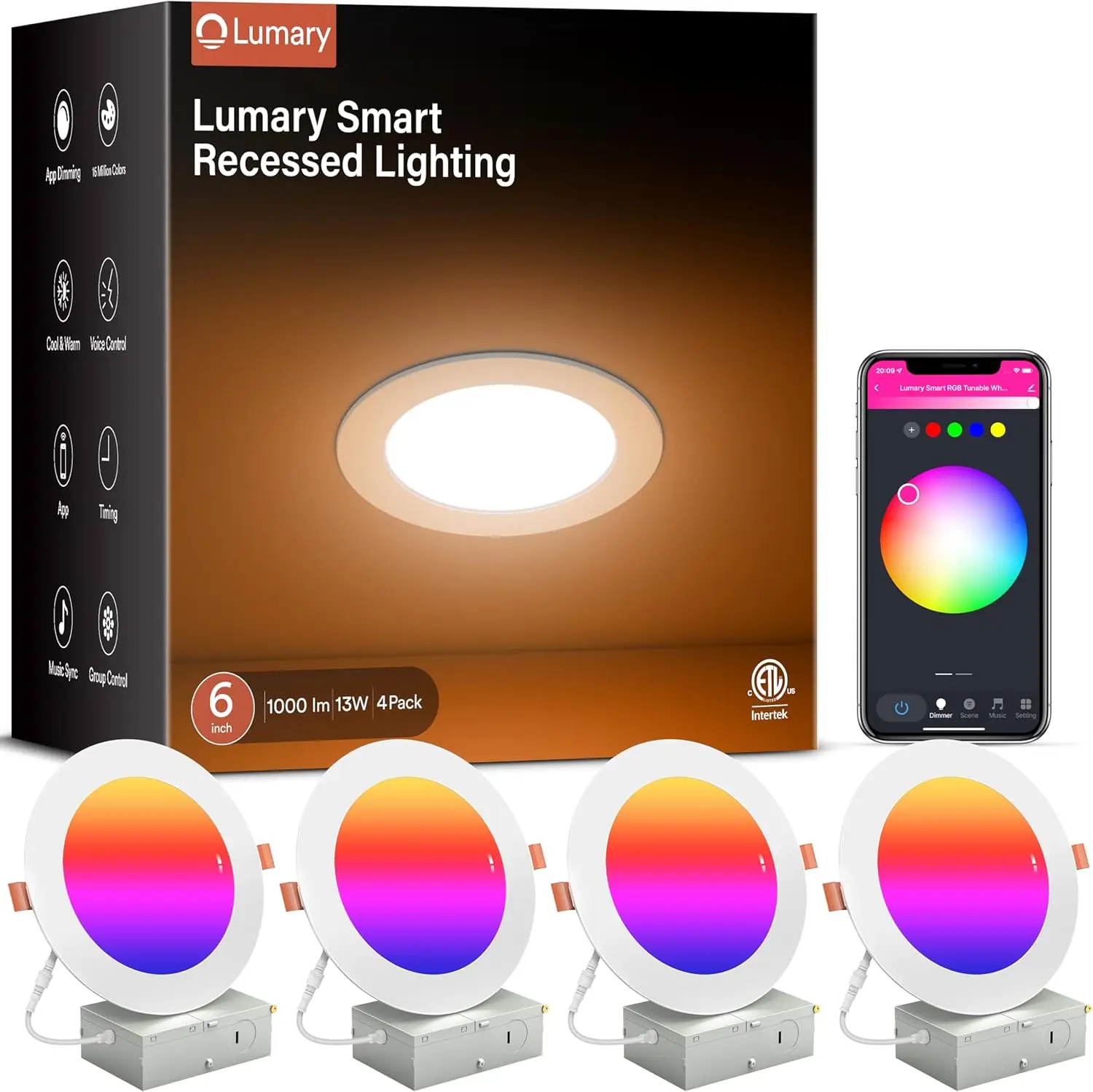 

Smart Recessed Lights 6 Inch, Color Changing LED Downlight with Alexa/Google Assistant, ETL Listed, 4 Pack