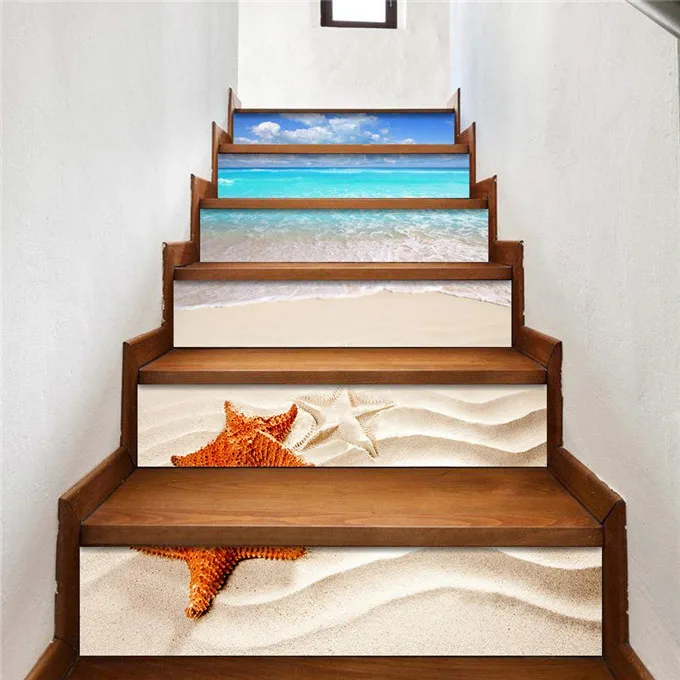 6/13pc Seaside Scenery Self-adhesive Stair Lift Sticker PVC Starfish Stairs Sticker Staircase Decoration Decal Scenery Wallpaper