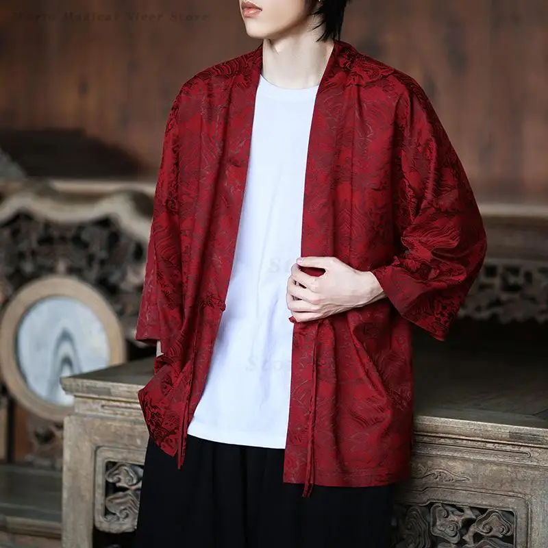 Plus Size 4XL 5XL Men's Kimono Cardigan Yukata Haori Traditional Japanese Samurai Costume Dragon Pattern Printing Harajuku Shirt
