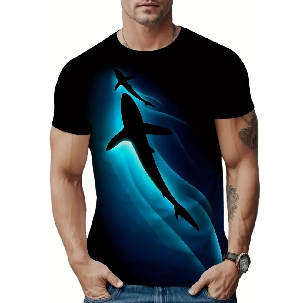 Men's Fitness Clothing Simple Shark Casual Quick Dry Round Neck Short Sleeve Graphic T-Shirt Summer Outdoor Running Man T Shirts