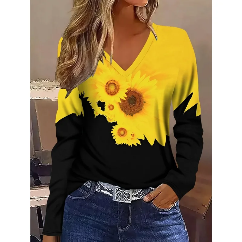 Elegant Vacation Abstract Painting Sunflower Floral Print V-Neck Long Sleeve T-Shirt, Casual Shirt, New Women'S Long Sleeve Top
