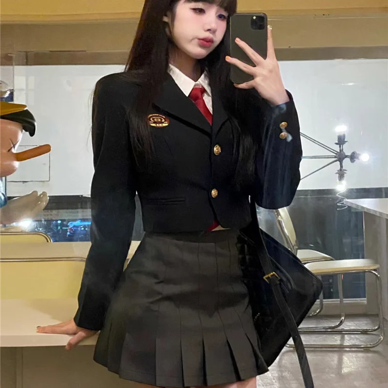 2024 nuovo coreano JK uniforme stile Preppy bianco maniche lunghe Top grigio gonna a pieghe vestito nero Versatile comodo cappotto Set ragazza