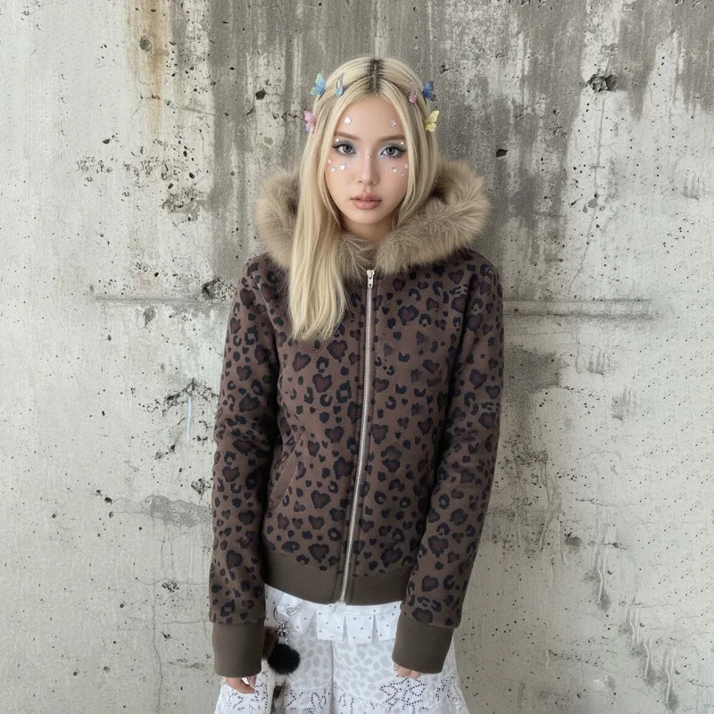 American Hot Girl Winter New Y2K Leopard Print Fur Collar Hooded Cardigan Coat, Ins Style Fashionable Zipper Sweater for Women