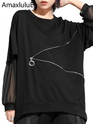 Amax luluE Spring Fashion 2024 Clothes Ladies Lace Patchwork T-shirts Womens Zippers Black Tees Female Casual Long Sleeve Tops