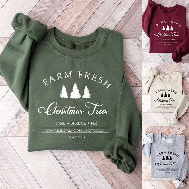 

New winter cotton christmas holiday pattern simple warm thick christmas trees long sleeve vintage round neck hoodie woman