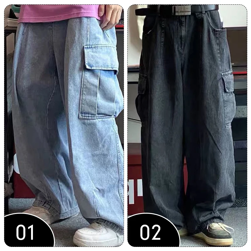 Mens Streetwear Baggy Jeans Denim Cargo Pants Hip Hop Jeans Spring Autumn Loose Wide Leg Big Pocket Trousers
