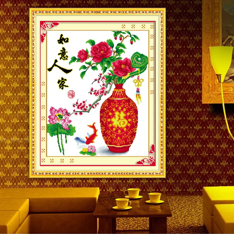 

Современный простой набор для вышивания крестиком: Цветочная ваза, для спальни и гостиной, хлопковая ткань, белый цвет, растительный узор, декор для дома