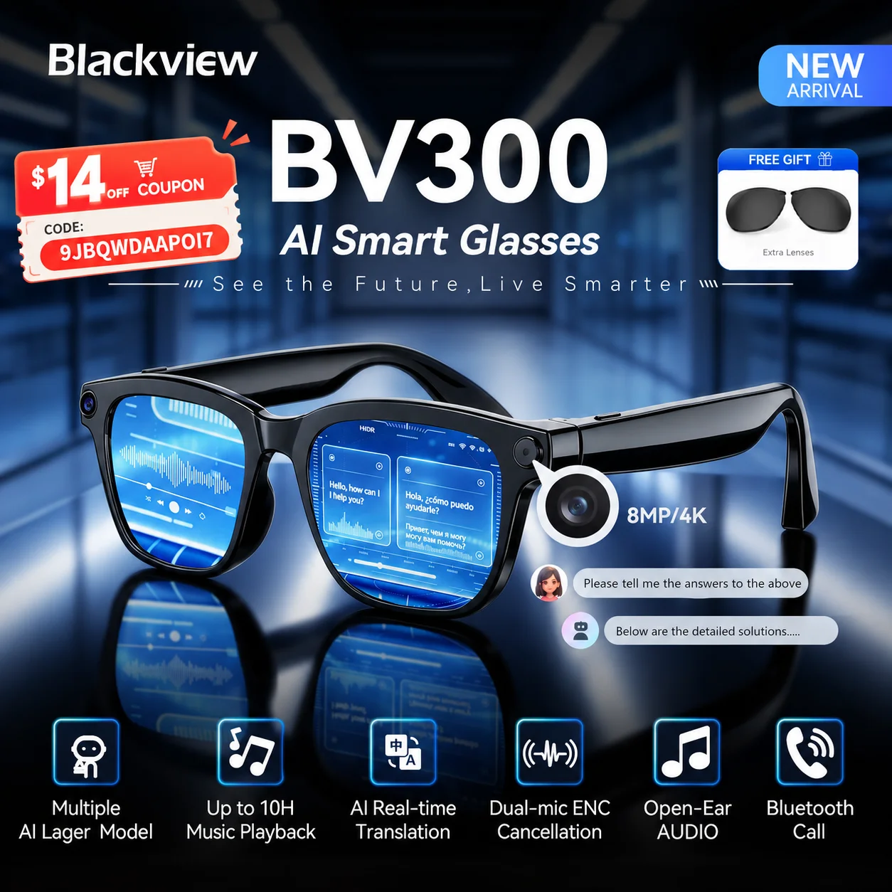 Blackview BV300 4K AI Glasses Color-Changing Smart Translation Glasses Photo Video Recording Waterproof Call Smart Sunglasses