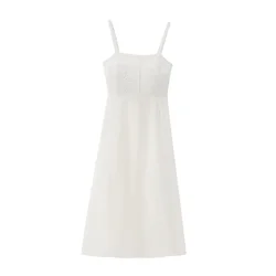 PB&ZA2024 Summer New Product Casual Women's Fashion Simple White Embroidery Temperament Waist Strap Midi Dress