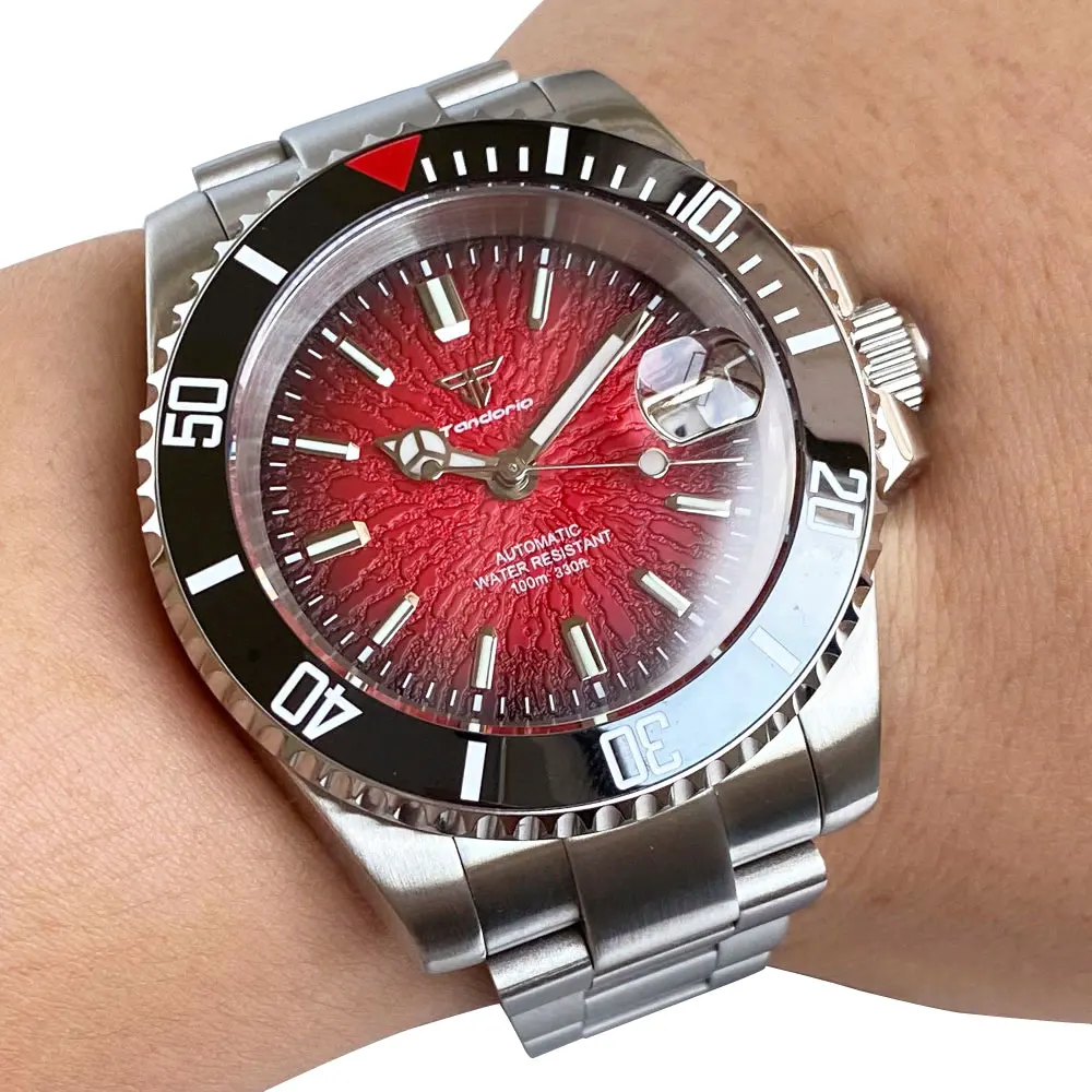 NEW 40mm Mechanical Watch for Men Red Teacup Pattern Face Japan NH35A Movement 100m Waterproof Steel Bracelet 120 clicks Bezel