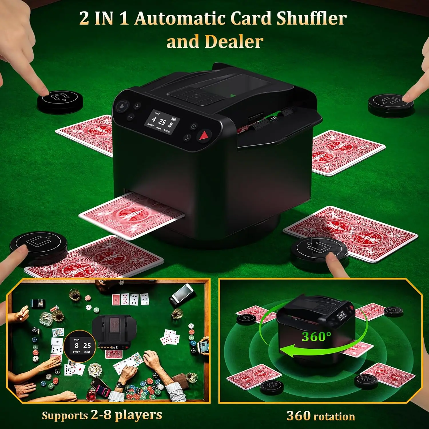 Card Shuffler and Dealer, 360° Rotating Card Dealer with Wireless Remote, 2-8 Players Playing Card Shuffler for UNO, Poker, Texa