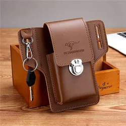 Leather mobile phone bag set men's fanny pack key vertical summer men's work site wearing a belt around the waist bag.