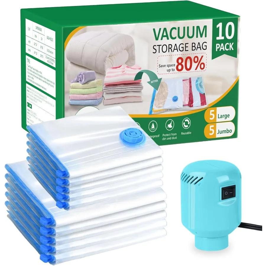 Vacuum Storage Bags with Electric Pump 10 Pack 5 Jumbo 5 Large Space Saver Storage Vacuum Sealed Bags for Clothing Storage Bags