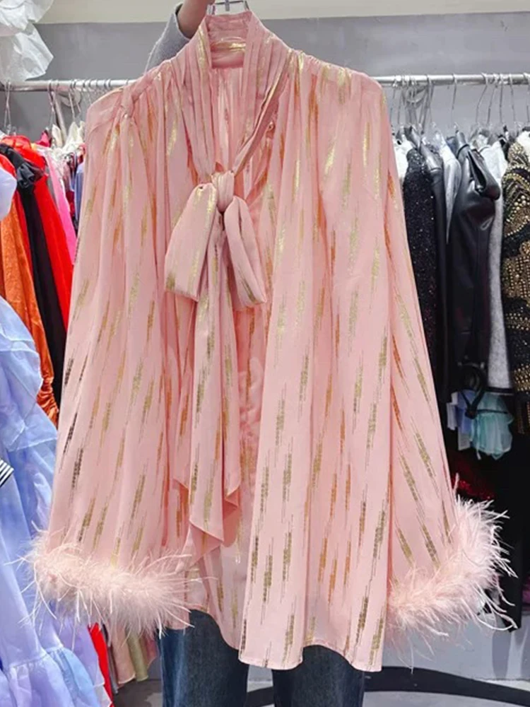 High-grade ostrich feather splicing trumpet sleeve bow tie loose shirt autumn 2025 new fashion Joker temperament blouse