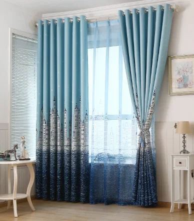 Nordic Light Luxury Style Sky Blue Printed Castle Childlike Curtains Living Room Bedroom Balcony Blackout Curtains